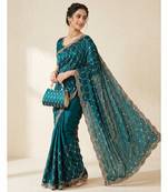 Teal Color Beeds And Cut work Silk Blend Saree