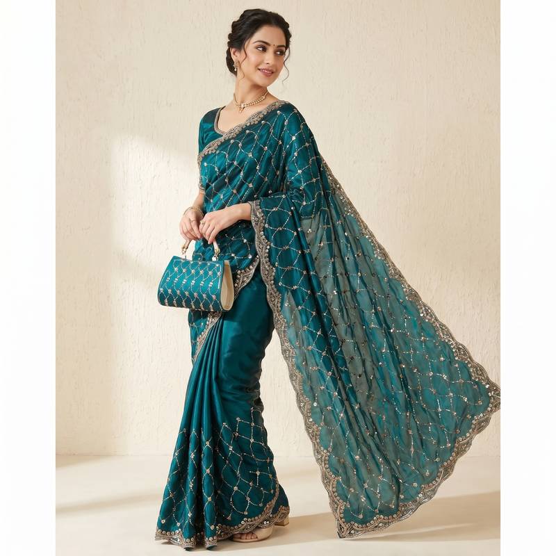 Teal Color Beeds And Cut work Silk Blend Saree