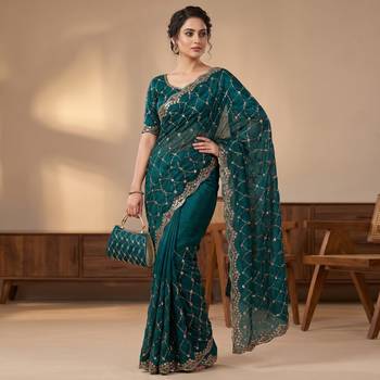 Teal Color Beeds And Cut work Silk Blend Saree 2
