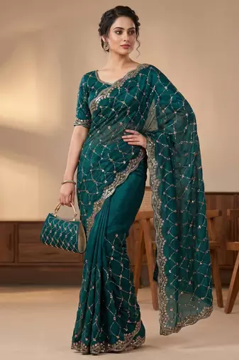 Teal Color Beeds And Cut work Silk Blend Saree
