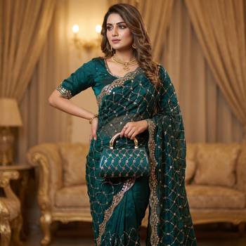 Teal Color Beeds And Cut work Silk Blend Saree 3