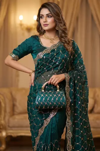 Teal Color Beeds And Cut work Silk Blend Saree