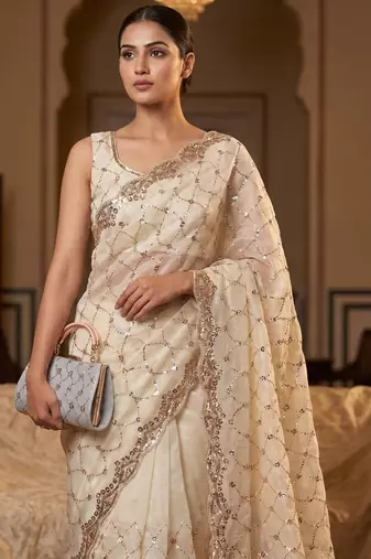 White Color Beeds And Cut work Silk Blend Saree