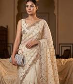 White Color Beeds And Cut work Silk Blend Saree