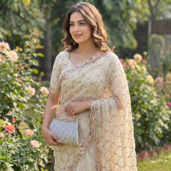 White Color Beeds And Cut work Silk Blend Saree 2