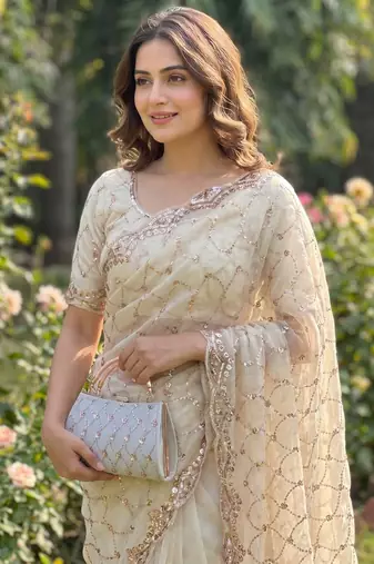 White Color Beeds And Cut work Silk Blend Saree
