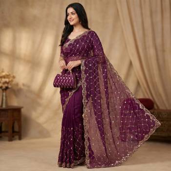 Wine Color Beeds And Cut work Silk Blend Saree 1
