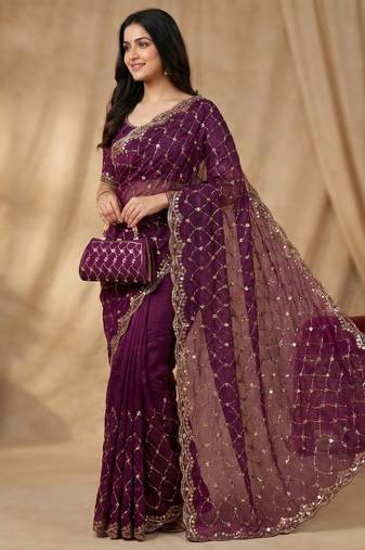 Wine Color Beeds And Cut work Silk Blend Saree