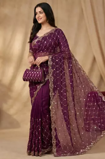 Wine Color Beeds And Cut work Silk Blend Saree