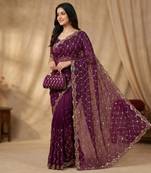 Wine Color Beeds And Cut work Silk Blend Saree
