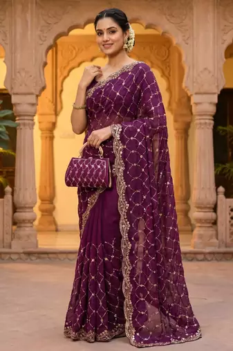 Wine Color Beeds And Cut work Silk Blend Saree