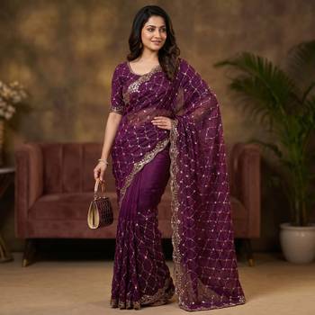 Wine Color Beeds And Cut work Silk Blend Saree 3