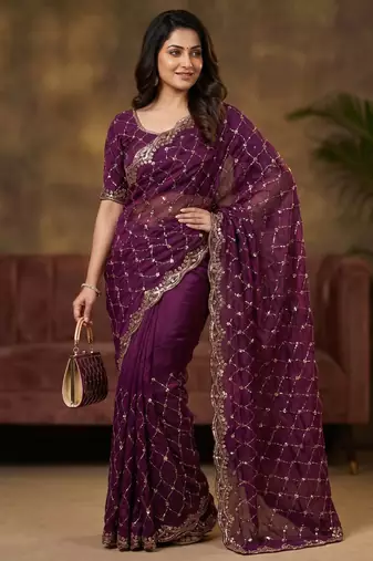 Wine Color Beeds And Cut work Silk Blend Saree