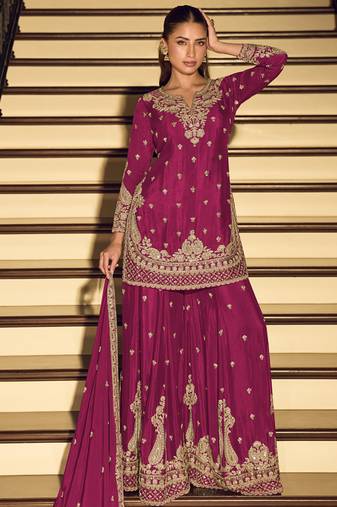 Dark-pink embroiderd chinon silk salwar suit