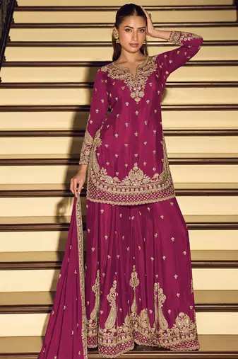 Dark-pink embroiderd chinon silk salwar suit
