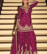 Dark-pink embroiderd chinon silk salwar suit