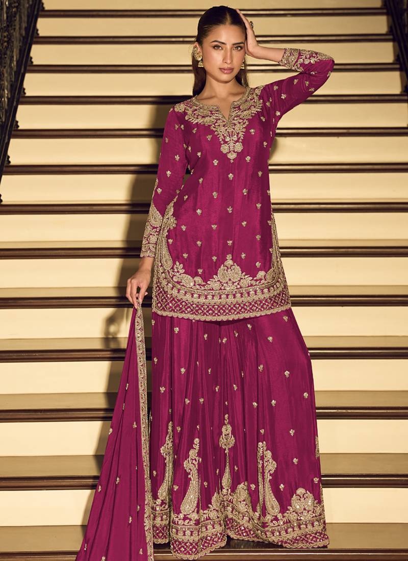 Dark-pink embroiderd chinon silk salwar suit