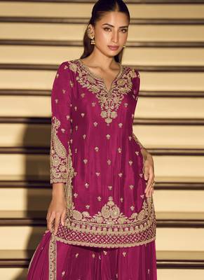 Dark-pink embroiderd chinon silk salwar suit 2