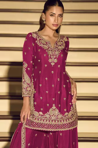 Dark-pink embroiderd chinon silk salwar suit