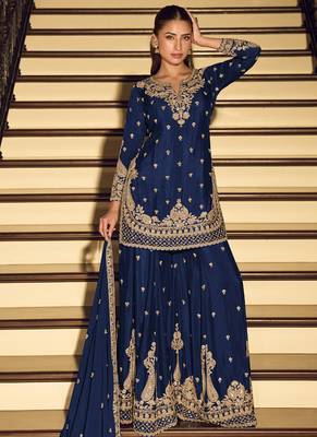 Dark-blue embroiderd chinon silk salwar suit 1