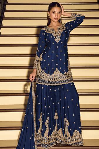 Dark-blue embroiderd chinon silk salwar suit