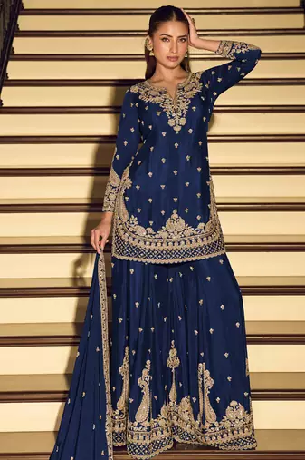Dark-blue embroiderd chinon silk salwar suit