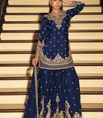 Dark-blue embroiderd chinon silk salwar suit