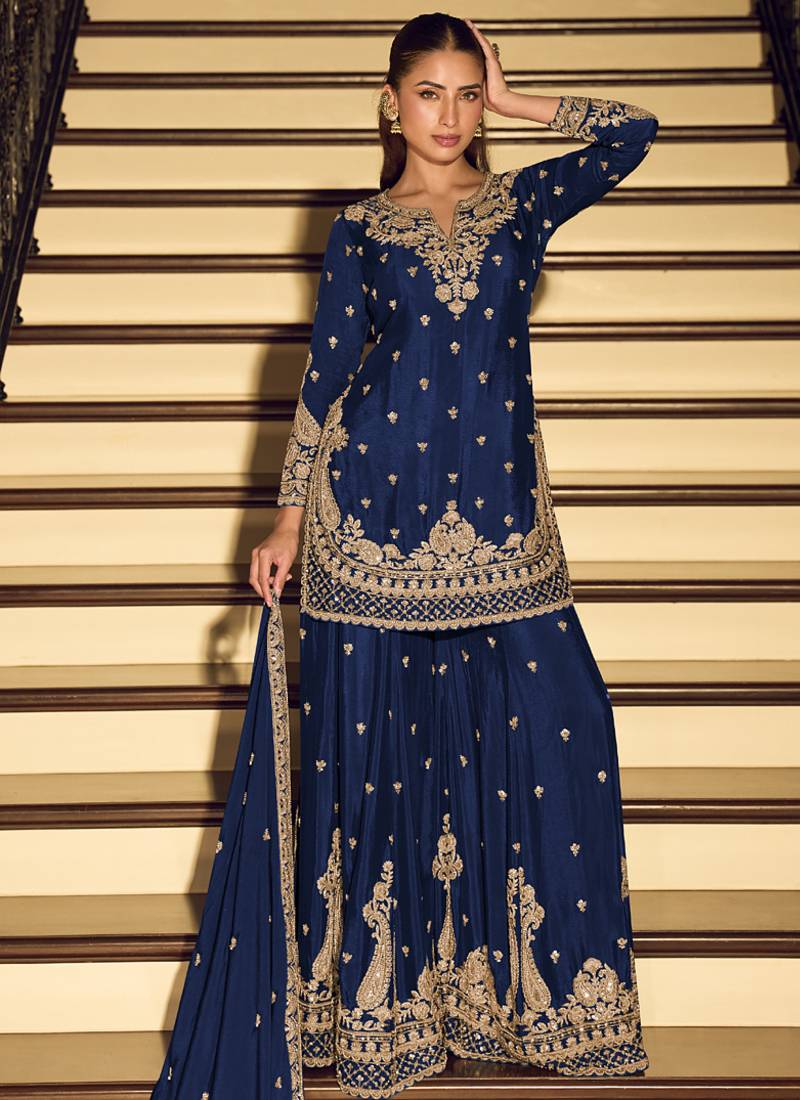 Dark-blue embroiderd chinon silk salwar suit
