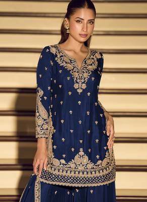 Dark-blue embroiderd chinon silk salwar suit 2