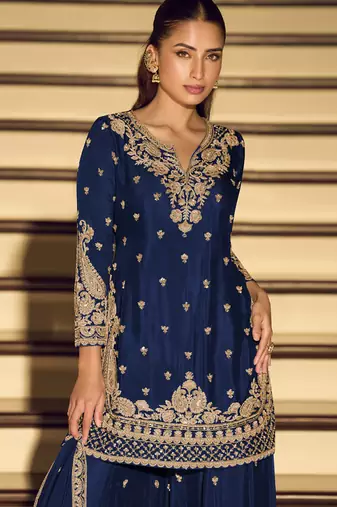 Dark-blue embroiderd chinon silk salwar suit