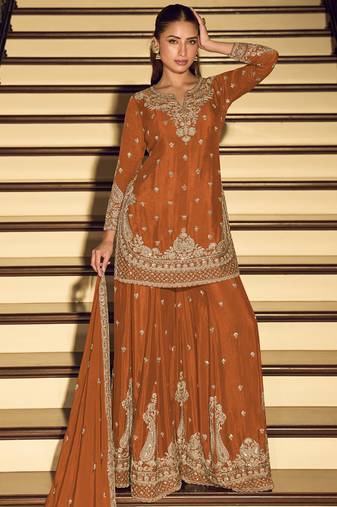 Dark-orange embroiderd chinon silk salwar suit