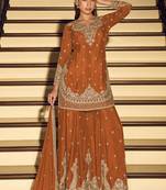 Dark-orange embroiderd chinon silk salwar suit