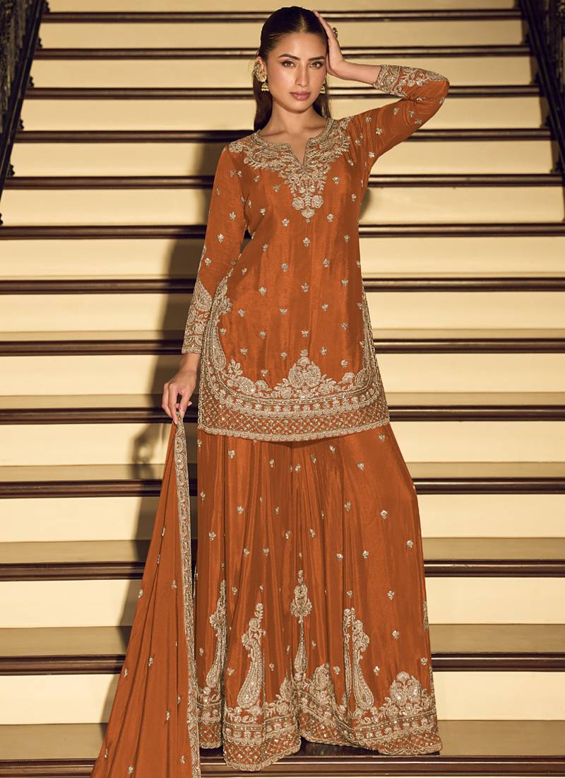 Dark-orange embroiderd chinon silk salwar suit