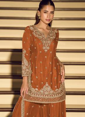 Dark-orange embroiderd chinon silk salwar suit 2