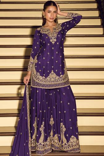 Dark-purple embroiderd chinon silk salwar suit