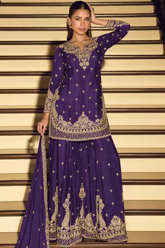 Dark-purple embroiderd chinon silk salwar suit