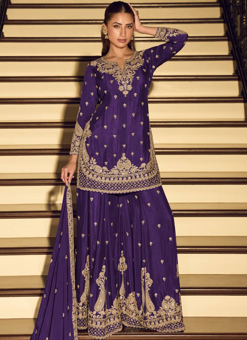 Dark-purple embroiderd chinon silk salwar suit