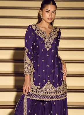 Dark-purple embroiderd chinon silk salwar suit 2