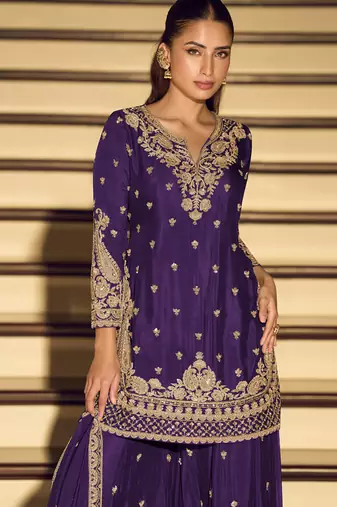 Dark-purple embroiderd chinon silk salwar suit