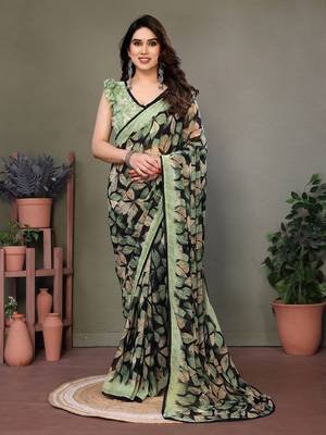 Light Green Color Printed Work Chiffon Saree 1