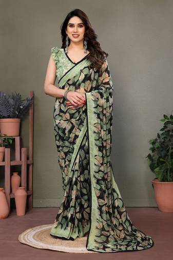 Light Green Color Printed Work Chiffon Saree