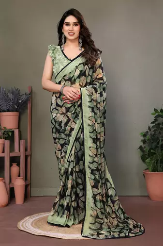Light Green Color Printed Work Chiffon Saree
