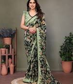 Light Green Color Printed Work Chiffon Saree