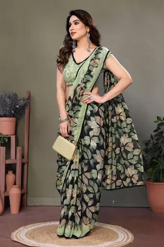 Light Green Color Printed Work Chiffon Saree