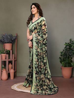 Light Green Color Printed Work Chiffon Saree 4