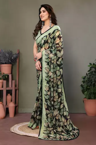 Light Green Color Printed Work Chiffon Saree