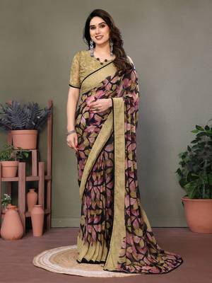 Light Olive Color Printed Work Chiffon Saree 1