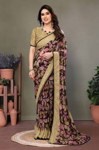 Light Olive Color Printed Work Chiffon Saree