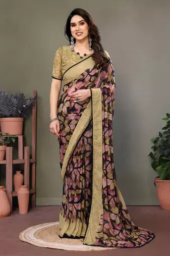 Light Olive Color Printed Work Chiffon Saree
