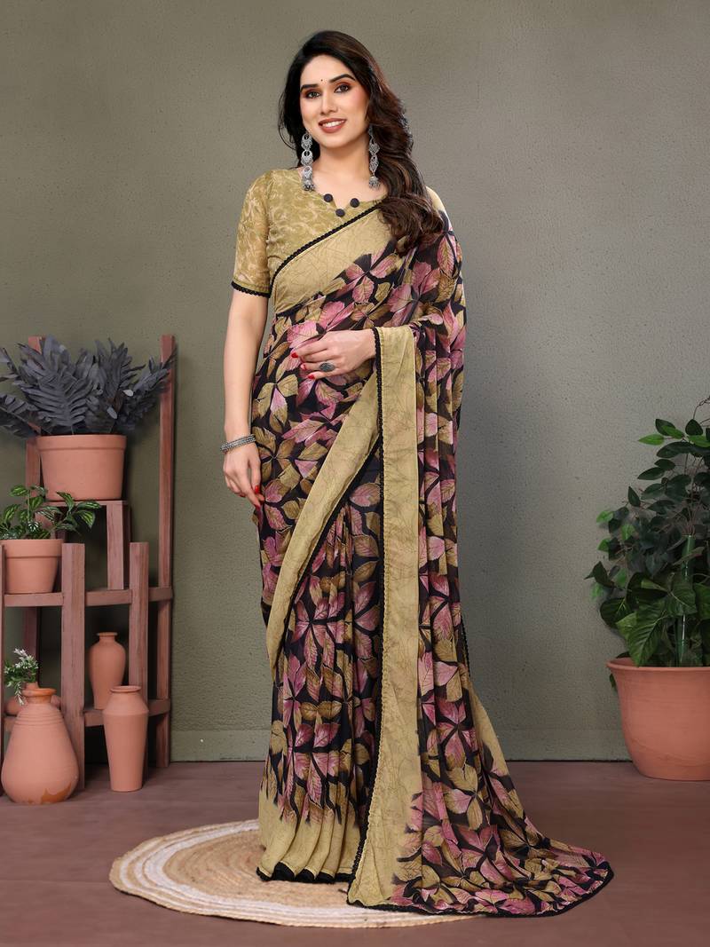 Light Olive Color Printed Work Chiffon Saree